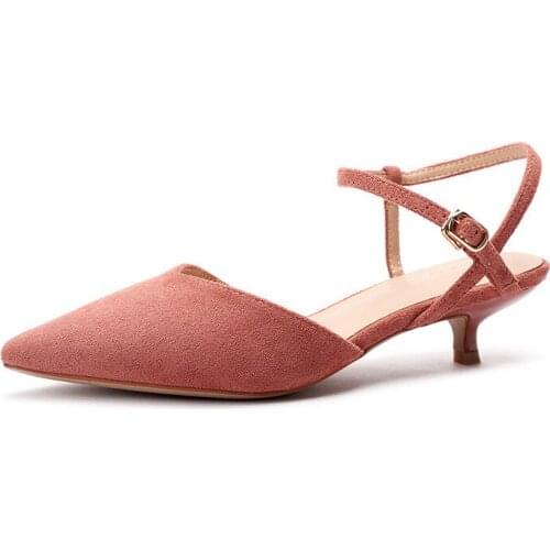 Sandals Women Mid Heel Summer Slip-on Buckle Ladies Shoes Flock Buckle Strap 3.5CM Thin High Heels Pointed Toe Shallow size35-40