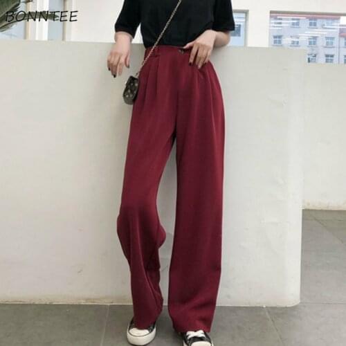 Casual Pants Women Vintage Pure Burgundy Office Lady Long Trousers Summer Soft Elegant Pockets Minimalist Femme Chic Streetwear