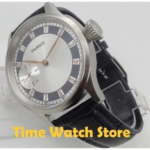 43mm mens watch 17 jewels 6497 hand winding movement brushed case sapphire glass silver dial black leather strap