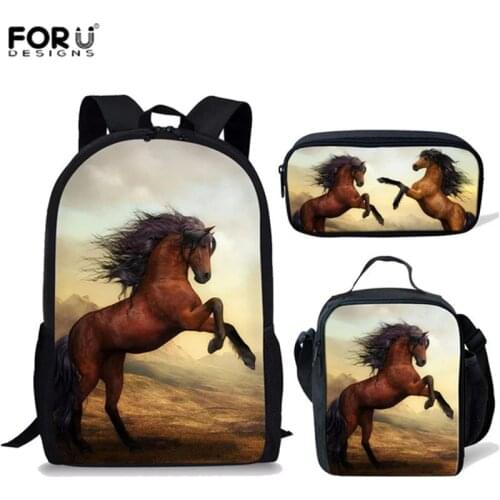 FORUDESIGNS 3D Horse Print Lovely School Bag Set/3pcs for Students Boys Girls School Backpacks Shoulder Bagpack Children Bookbag
