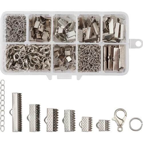 Pandahall 1 Box Iron Ribbon Ends/Ends with Twist Extender Chains 304 Stainless Steel Jump Rings and Alloy Lobster Claw Clasps