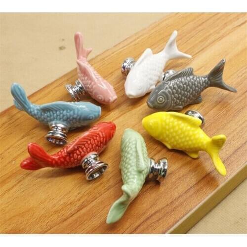 Hot 100pcs/lot Children Drawer Knobs Fish Shape Ceramic Handles for Kids Room Kitchen Cabinet Handles Cupboard Knobs