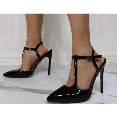 Linamong Sexy Woman Black Patent Leather Pointed Toe Pumps Female Buckle Strap 12 cm Stiletto Heels Party Dress Shoes Size 47