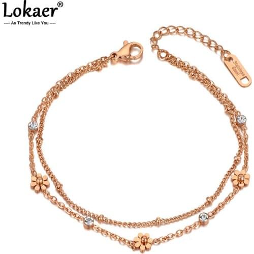 Lokaer Titanium Stainless Steel Small Daisies Charm Bracelets For Women Double Layer CZ Crystal Beach Bracelet Jewelry B20079