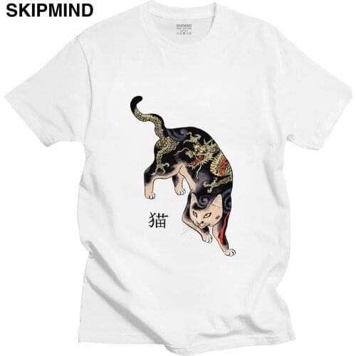 Mens Yakuza Cat Tee Shirt Short-Sleeve Round-neck Cotton Tshirt Summer Japan Dragon Gangster Video Game Tshirt Slim Fit Clothes