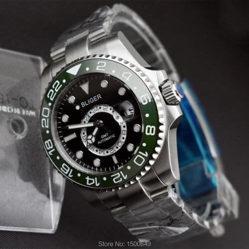 43mm BLIGER GMT Sapphire Glass Black Dial Green Ceramic Rotate Bezel Automatic Mens High Quality Mechanical Watch