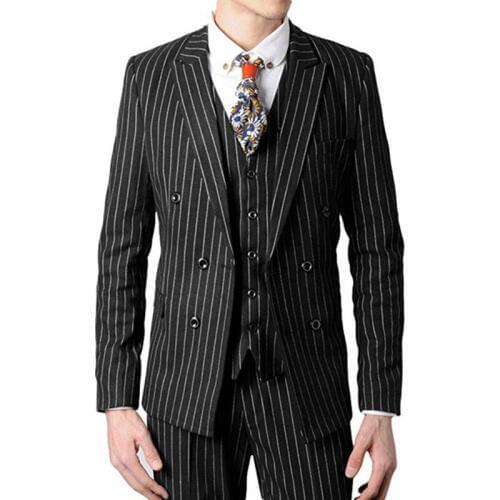 Double Breasted Groomsmen Black with White Stripes Groom Tuxedos Peak Lapel Men Suits ( Jacket+Pants+Vest+Tie )