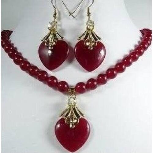Real red jades Heart-shaped PendantNecklace Earrings Free shipping