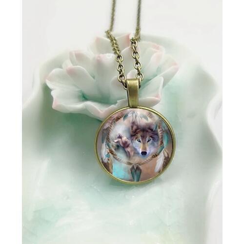2019 New Fashion Pop Dream Catcher Wolf Glass Convex Round Pendant Necklace