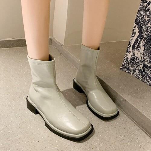 2021 New Solid Back Zip Women Shoes 4cm Square Medium Heel Square Toe Patent Leather Ankle Spring Autumn Casual Womens Boots