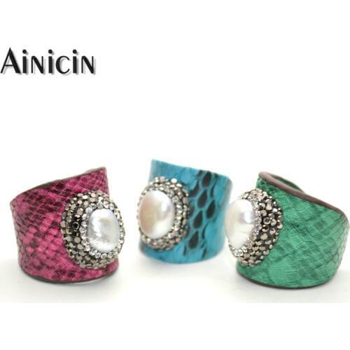 New Arrival Snake Skin Adjustable Wide Rings Rhinestone Crystal Natural Freshwater Pearl Paved Fashion Party Jewelry 10pcs Mixed