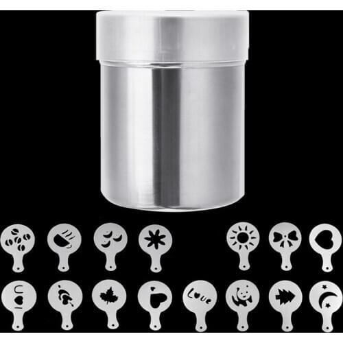 New Stainless Steel cocoa chocolate shaker Powder Sifter Bottle Fine Mesh Sifter with coffee flower stencils DIY Cappuccino Tool