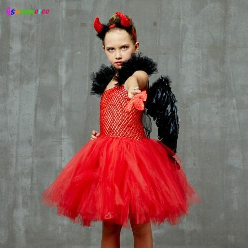 Wicked Red Devil Girls Tutu Dress Kids Halloween Cosplay Carnival Party Costume Handmade Tulle Children Fancy Satan Demon Dress
