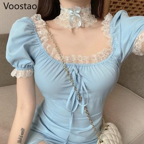 Summer Sweet Lolita Maid Dresses Women Cute Lace Ruffles Patchwork Dress Sexy Square Collar Puff Sleeve Slim Bodycon Vestidos