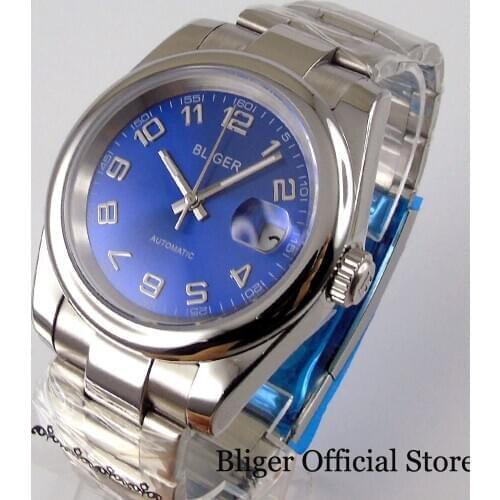 Polished BLIGER Dress Blue 39mm Mechanical Men Watch 21 Jewels MIYOTA 8215 Brushed Oyster Strap Sapphire Glass Luminous Hand
