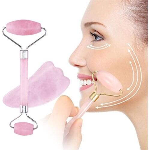 Rose Quartz Roller Slimming Face Massager Lifting Tool Natural Jade Facial Massage Roller Stone Skin Massage Beauty Care Set Box