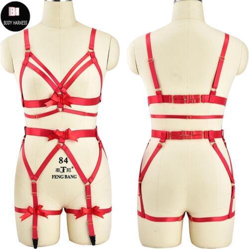 Sexy Crop Top Women Cage Bra Bustier Garter Belt Fetish Body Harness Set Rave Red Bow Bondage Lingerie Harness Belt