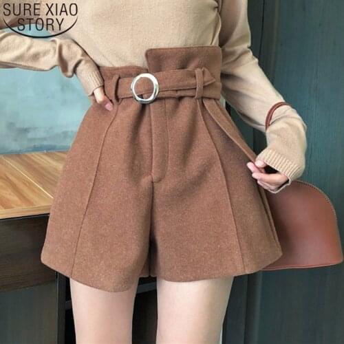 Spring Thicken Fashion High Waist A-Line Wide Leg Boots Shorts Woolen Belt Warm Shorts Women Elegant Short Trousers 11068