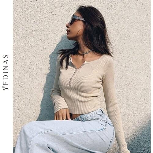 Yedinas 2021 Spring Button V Neck Sweater Women Basic Slim Pullover Knit Jumper Ladies Sexy Tops Elegant Female Vintage Sweaters