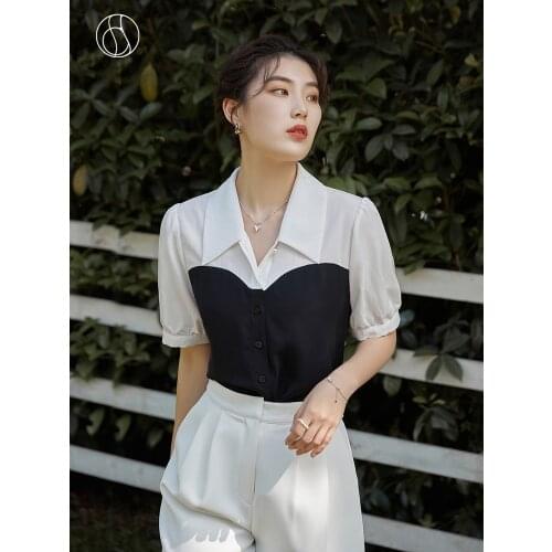 DUSHU Office Lady Womens French Contrasting Color Stitching Shirt 2021 Summer New Retro Casual White Black Tops