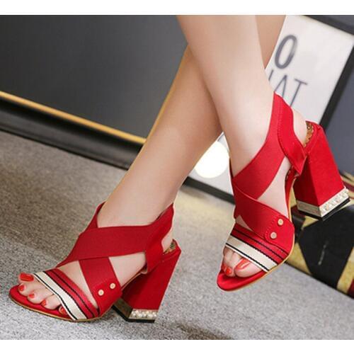 RUIDENG women sandals super high heel red black elastic band fashion party wedding shoes crystal heel high 11cm lady square shoe
