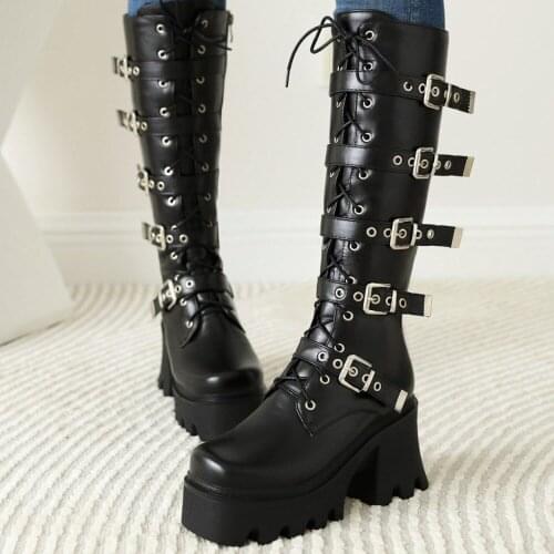 Womens Platform Belt Buckle Knee Thigh Boots Chunky High Heel Punk Shoes Motorcycle Black British Styles Plus Size New 2022