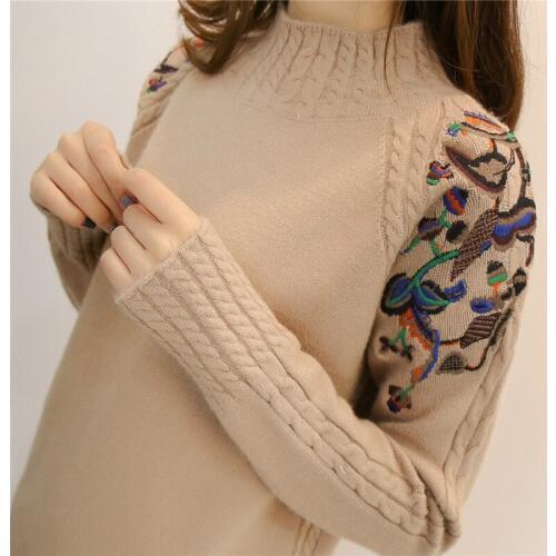 Sweater female 2021 new winter embroidery half-high collar long-sleeved sweater womens loose wild pullover