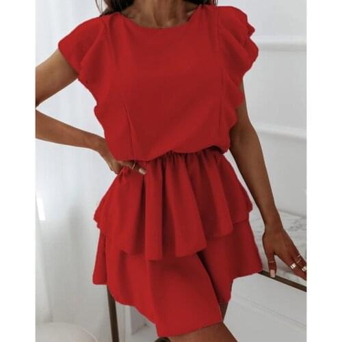2021 Summer Double-Layer Dress Fashion Loose Ruffle Short-Sleeve Women Pure Color Elastic Waist A-Line Mini Dress Robes