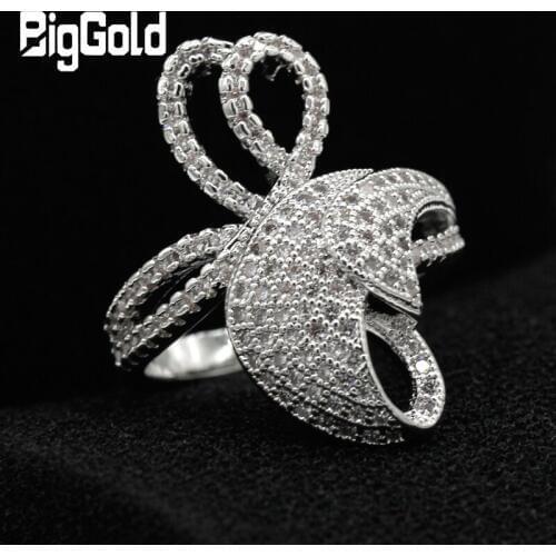 Women Copper Ring with Romdium Plated Love Heart & Clear Cubic Zirconia Stones Ring for Lady Party Fashion Jewelry