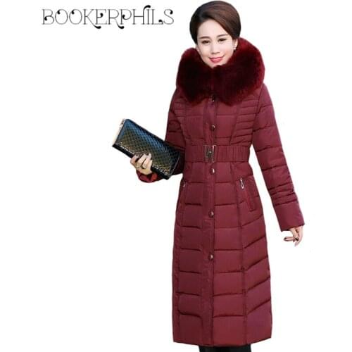 Winter Jacket Women Middle-aged X-Long Plus Size Thick Fur Collar Winter Coat Women Long Parkas Hooded Cotton Outerwear L-5XL
