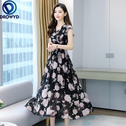 2021 Pink Floral Chiffon Beach Long Sundress Summer Vintage Plus Size Boho Maxi Dress Women Bodycon Sexy Elegant Party Vestidos