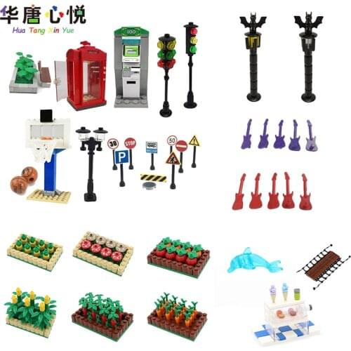Creator City Building Blocks Accessories Trash Can Street View Basketball Stand Phone Box DIY ATM Light Traffic Sign City Toys