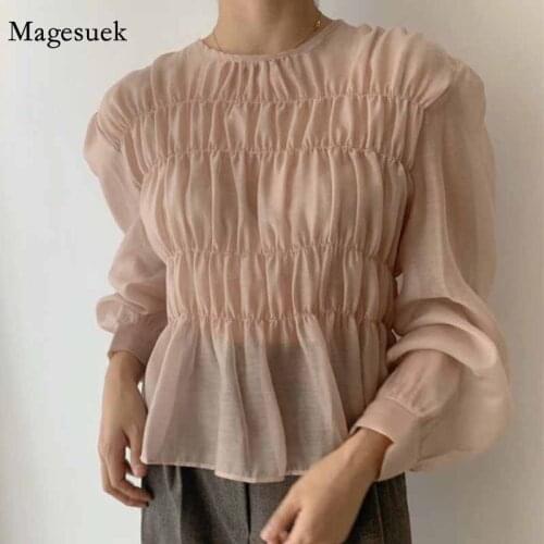 Korean Chic O-Neck Pleated Puff Long Sleeve Blouse Shirt Transparent Solid Summer Tops Blouses Fashion Female Clothing New 11357