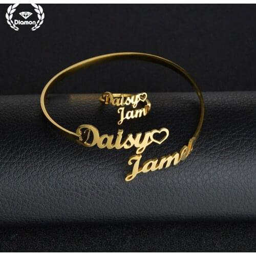 Diamon Fashion Personalized Custom Double Names Letter Bracelet For Women Stainless Steel Open Heart Bangle Jewelry Lover Gift