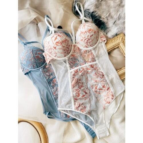 Sexy lace thicken gathering bra underwear body-sculpting One-piece soft steel ring deepv corset transparent abdomen lingerie