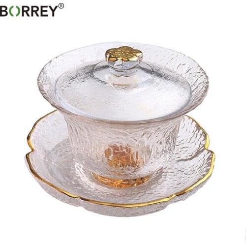 BORREY Chinese Gaiwan Tea Set Kung Fu Tea Crystal Glass Gai wan White Outline in Gold With Saucer Teaware 170ML Ceremony Tea Cup