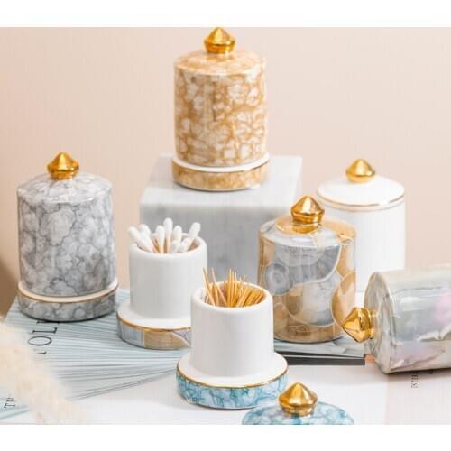 Luxury Art Ceramic Marble Pattern Toothpick Holder Household Dental Floss Cotton Swab Box High-end Hotel Toothpick Holder Single