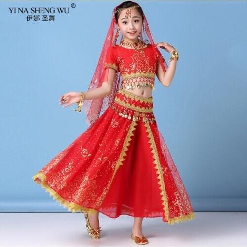 Children Bollywood Girls Dance Costumes Set Kids Indian Belly Dance Clothing Headpieces Veil Top Belt Skirt Earing Necklace