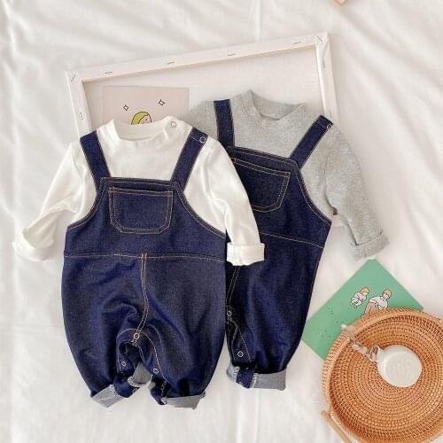 Gentleman Baby Boy Rompers Infant Spring Cotton Clothes Long Sleeve Soft Jeans Roupas Bebe Boys Girls Jumpsuits Fake 2pcs Romper