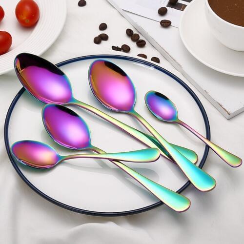 5pcs set, rainbow stainless steel spoon set, kitchen tea coffee spoon, metal oval round spoon, table scoop, ice cream salad