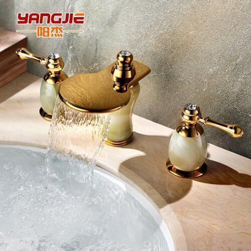 Originality Jade Gold-plated Cold Hot Water Three-piece Basin Faucet Part Style Platform Basin Wash Basin Faucet 120030fg