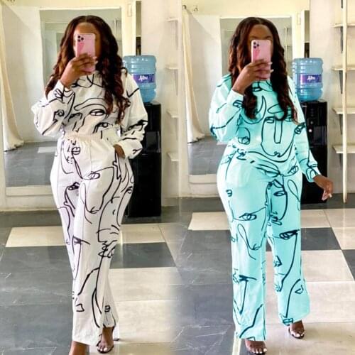 Autumn Long Sleeve Face Print Pants Suit 2 Piece Women Casual Sweatshirt And Loose Trousers Sets Two Piece Jogging Outfits