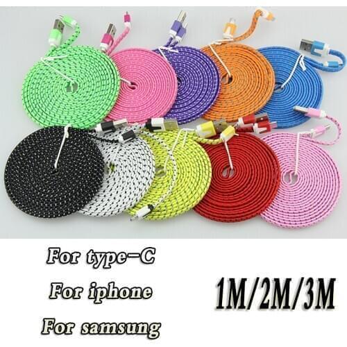 500pcs/lot flat Braid USB Cable Sync Nylon Woven Charger cable fast charger 5pin 8pin For iPhone samsung huawei 1m 2m 3m long