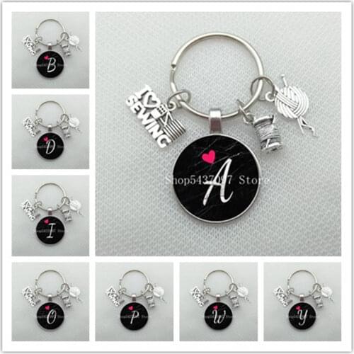 A-Z Letter Glass Keychain I like Knitting Charm Keychain Yarn Ball Knitting Crochet Keychain Tailor Mom Gift Jewelry Crafts