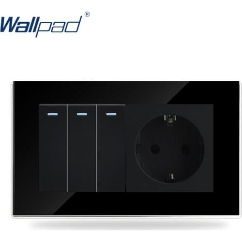 Wallpad Black Crystal Glass 3 Gang 2 Way Rocker Button Switch and EU Wall Socket Push Button Factory CE BS Approved