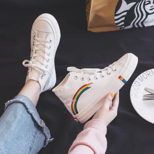 Womens Fashion 2020 Vulcanized Shoes Woman Sneakers New Rainbow Retro Canvas Shoes Flat Fashion Comfortable High Shoes Women