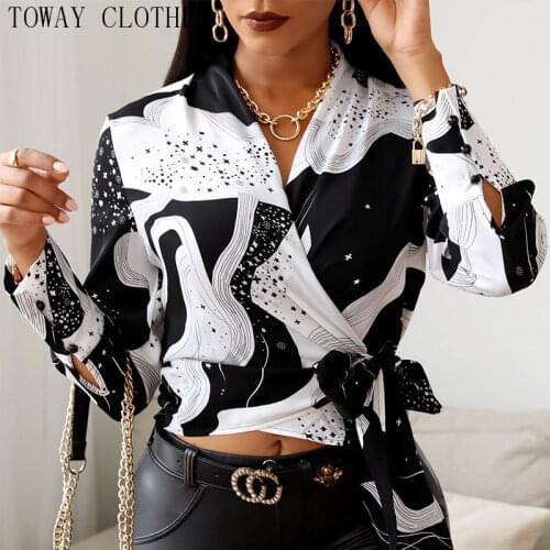 Women Causal Star Print Tie Front Wrap Top V Neck Long Sleeve Colorblock Blouse Shirt