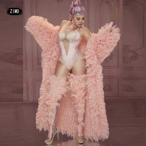 Women Pink Luxury Big Coat Tights Set Sexy Rhinestone Birthday Party Club Performance Costume Women Designer Dance Stage Costume