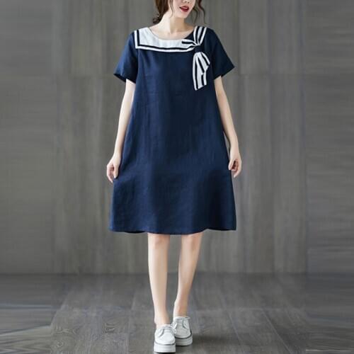Women Summer Loose Casual Dress New Arrival 2021 Simple Style Sailor Collar Cotton Linen Female Knee-length Dresses S2926