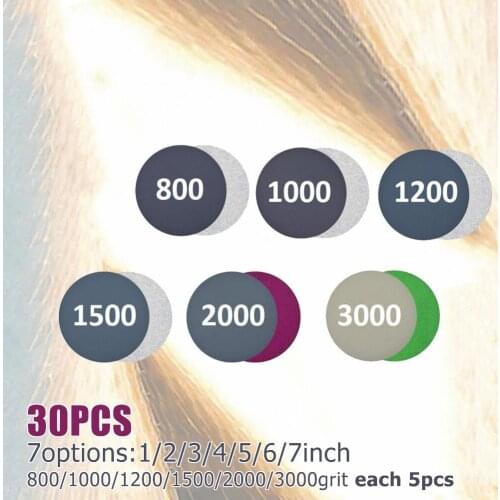 30pcs Hook&Loop Wet/Dry Sandpaper 1/2/3/4/5/6/7inch 800/1000/1200/1500/2000/3000 Grit Sanding Disc For Stone Lacquer Surface